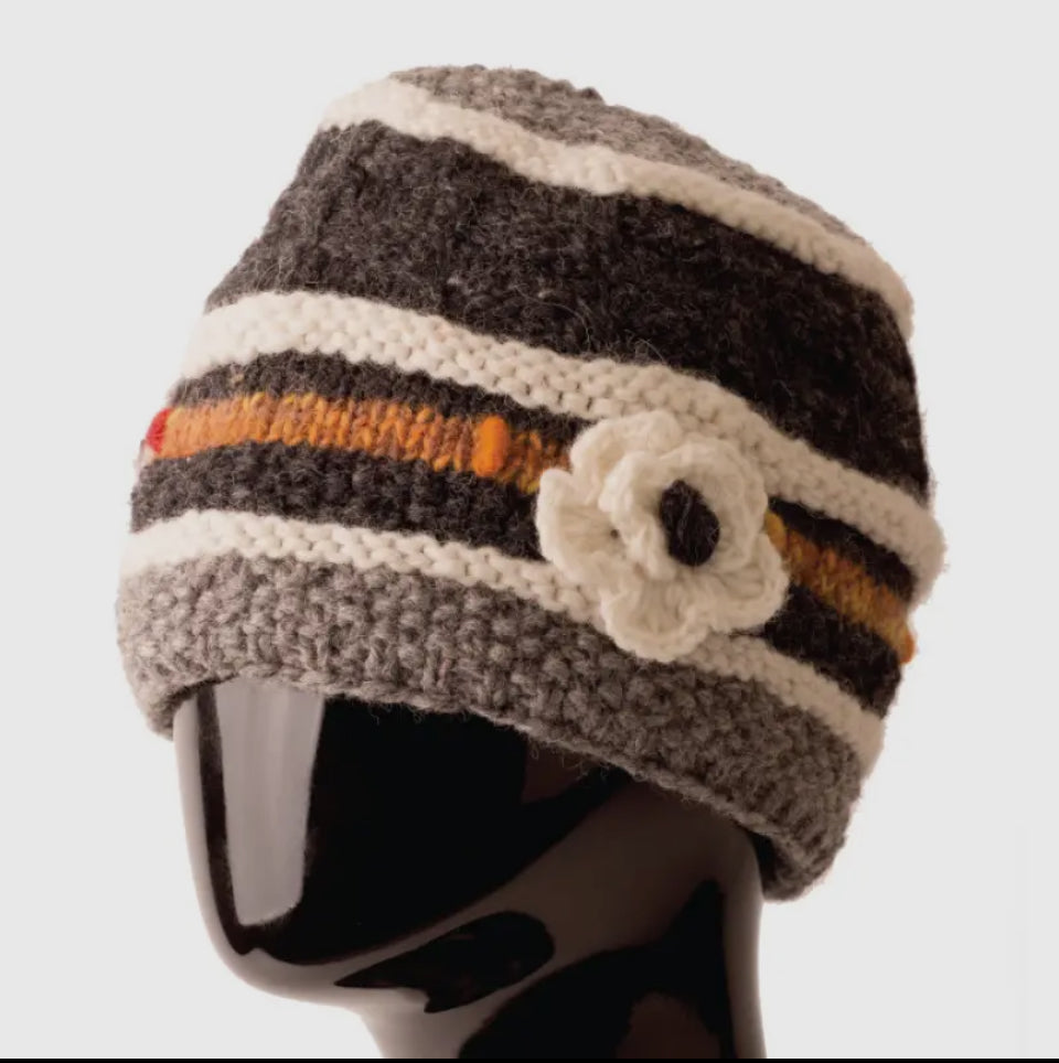 Gray and orange hat with flowers