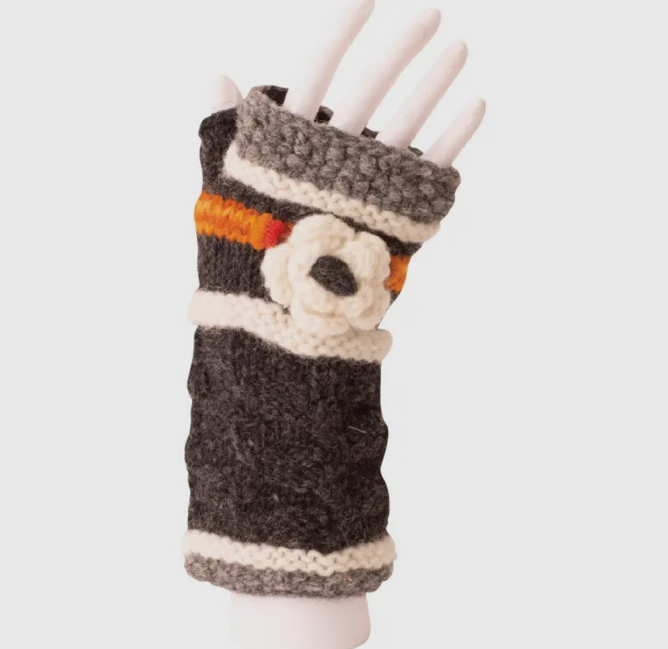 Gray and orange arm warmer with flower